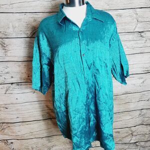 THAI Silk 80s Teal Satin Button Up Shirt Size XL
